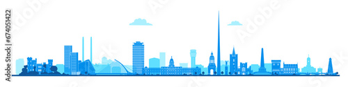 Dublin city silhouette vector illustration blue design on white background, travel to Ireland