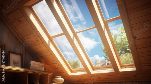 Dormer wooden window in the white sloping ceiling overlooking the blue sky. Sunlight enters the room through closed window