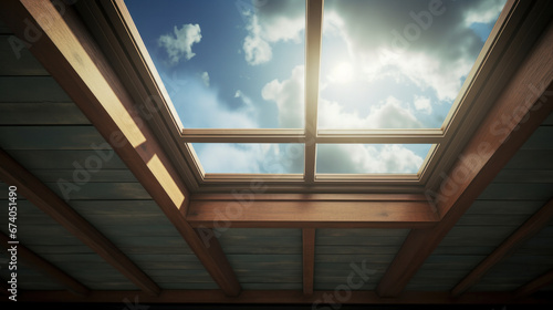 Dormer wooden window in the white sloping ceiling overlooking the blue sky. Sunlight enters the room through closed window