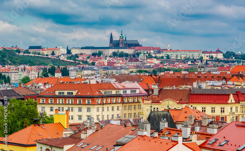 Prague cityscape with Hradcany castle seen from Vysehrad (Upper Castle), Czechia