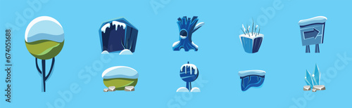 Snow Covered Game Element and Landscape Object Frozen in Winter Vector Set