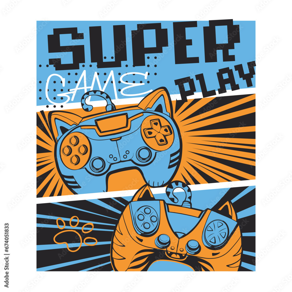 Fototapeta premium Cartoon cat gamepad illustration on grains textured background and text Meow Play Win. Cats gamepad