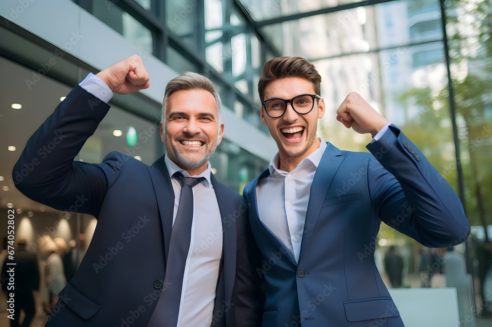 portrait of two business people clenching fists happy success