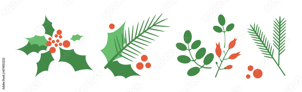 Green Tree Branch with Red Berry Flat Vector Set Green Tree Branch with Red Berry Flat Vector Set