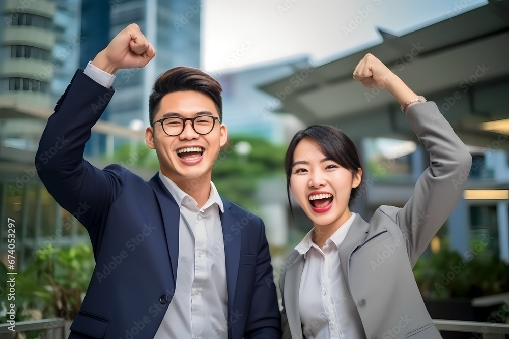 portrait of two business people clenching fists happy success portrait of two business people clenching fists happy success