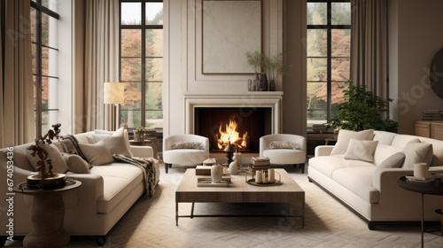 an elegant living room with a beige couch and two matching armchairs and a large area rug and a fireplace  photo