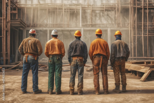 Four construction workers from behind with hardhats standing in front of a construction site. photo