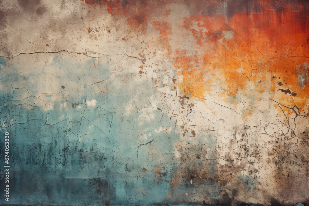 A rustic blend of blue and orange textures. Aged wall shows signs of weathering and time.