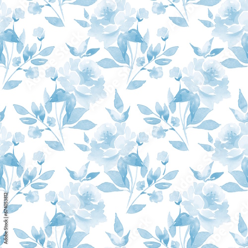 Floral seamless pattern. Watercolor blue monochrome background with flowers.