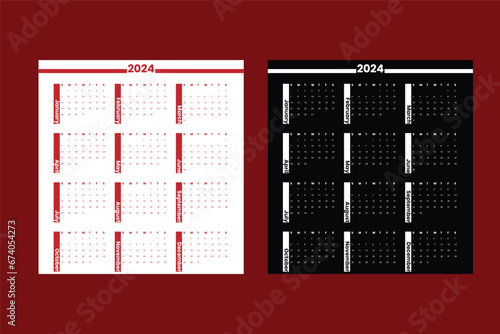 2024 Calendar year vector illustration. week starts on Sunday, Simple planner design template, desk calendar 2024 year, wall calendar 2024 template, print media, advertisemen photo