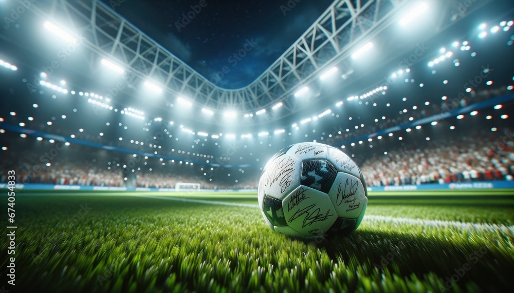 Naklejka premium A pristine soccer ball lies centered on the vibrant green lawn, encapsulating the essence of the sport