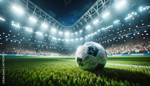 A pristine soccer ball lies centered on the vibrant green lawn, encapsulating the essence of the sport photo