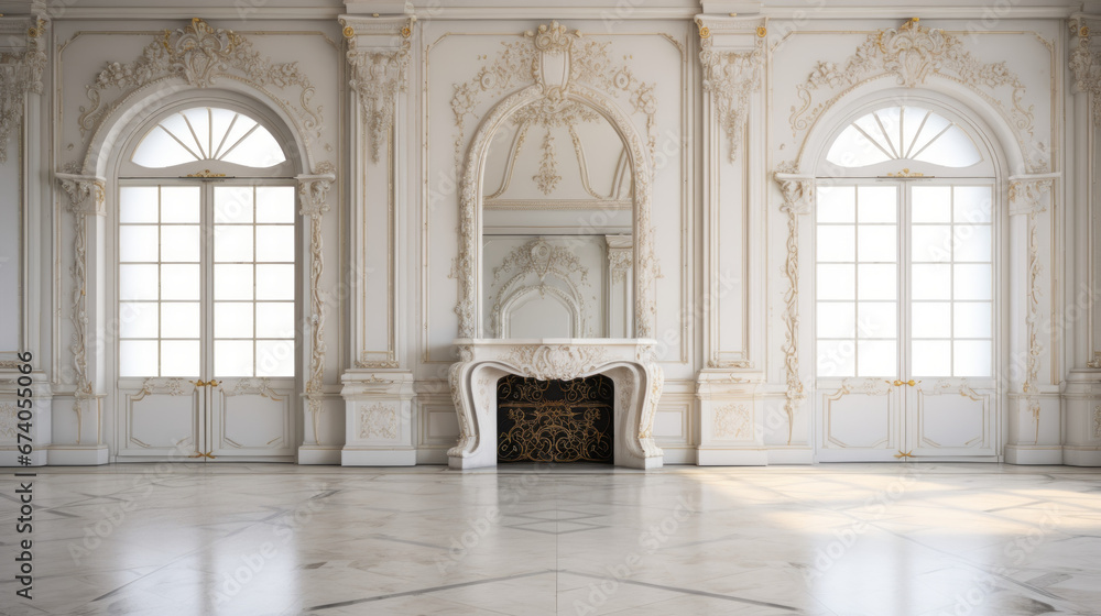 an elegant room with a marble floor and white walls and white fireplace an elegant room with a marble floor and white walls and white fireplace