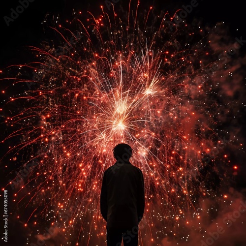 a man with fireworks in the background