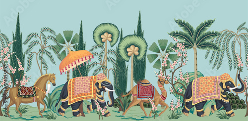 Indian elephant, camel, horse, palms, trees, plants seamless border. Oriental landscape mural.