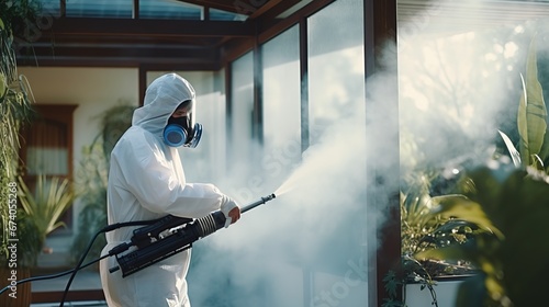 A guy from the pest control service in a mask and a white protective suit sprays poisonous gas © DZMITRY