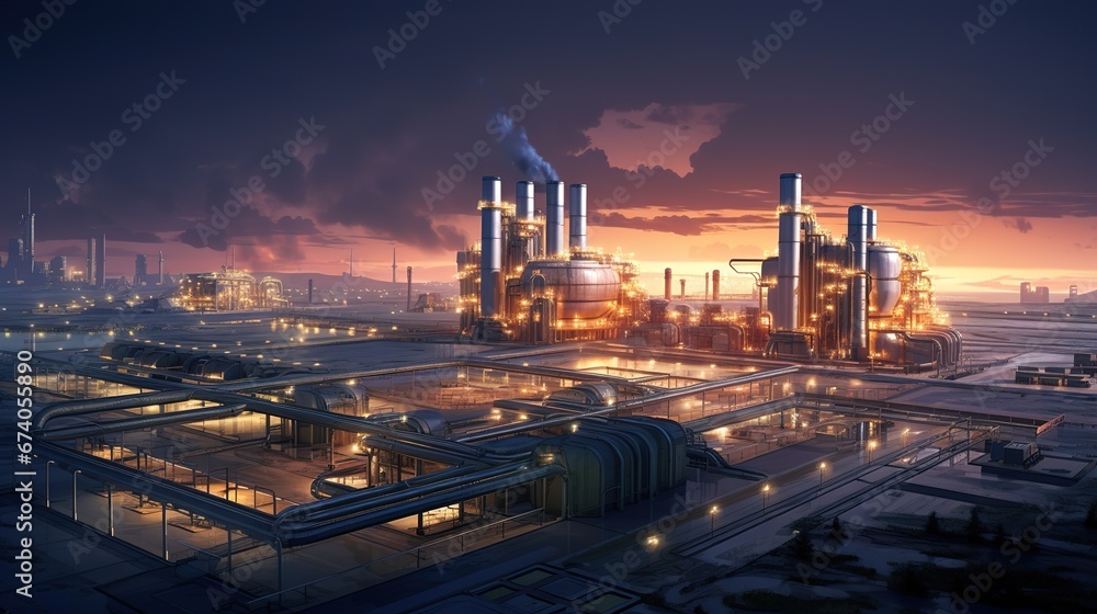 A massive plant, factory, facility or logistics center at dusk or twilight time - obrazy, fototapety, plakaty 