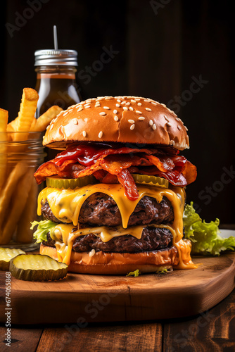 Cheeseburger mit Schmelzendem Cheddar auf saftigem Fleisch, abgerundet durch die perfekte Mischung aus Soßen und Gewürzen photo