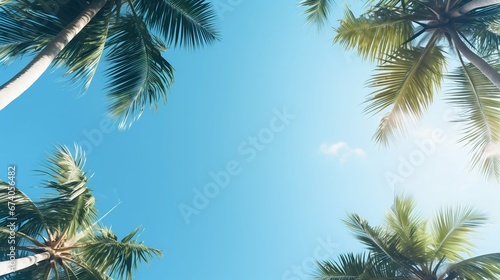 Tropical Canopy: Clear Blue Sky Viewed Through Palm Trees from Below. Generative ai © Scrudje