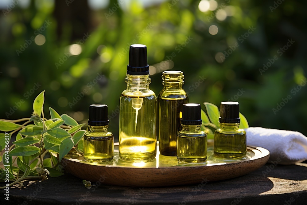 Small bottles with aromatic oils on a wooden stand against a background of blurred nature. Generated by artificial intelligence Small bottles with aromatic oils on a wooden stand against a background of blurred nature. Generated by artificial intelligence