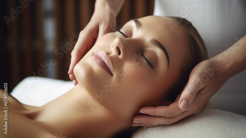 Soothing Touch  Hands Massaging Woman s Face in Bright Daytime Spa. Generative ai