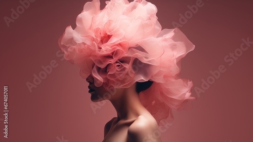woman in profile with pink flowers covering the head