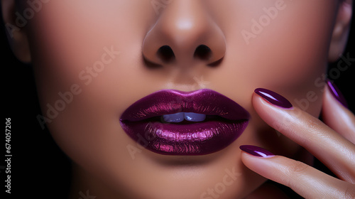 Close-up of a woman with makeup  painted lips  perfect manicure and painted nails. Creative banner for beauty salon. 