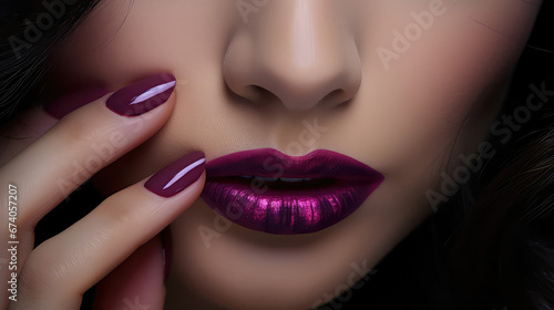 Close-up of a woman with makeup  painted lips  perfect manicure and painted nails. Creative banner for beauty salon. 