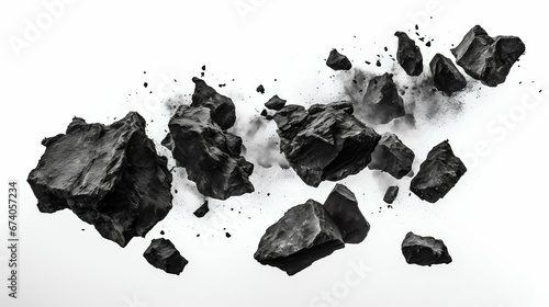 Descending Darkness  Falling Charcoal Rocks Isolated on White Background. Generative ai
