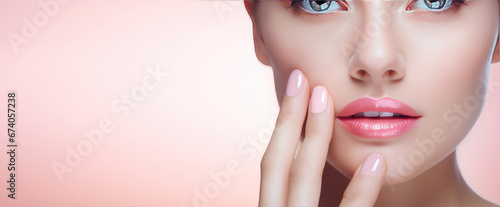 Close-up of a woman with makeup, painted lips, perfect manicure and painted nails. Creative banner for beauty salon. 