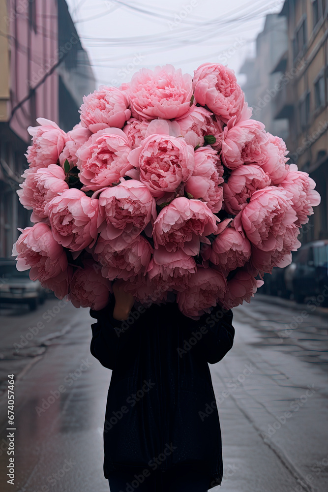 Φωτογραφία A girl with a huge bouquet of peonies. Generative AI