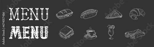 Chalk Drawn Food Item from Restaurant Menu on Black Background Vector Set