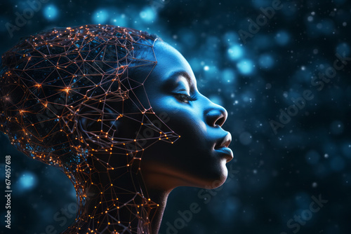 Side profile of human woman face on dark background illuminated by glowing neon network nodes and interconnected pathways. Artificial intelligence concept #674057618