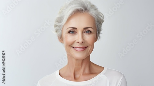 Ageless Beauty: Smiling Mature Woman's Radiant Portrait Isolated on White. Generative ai