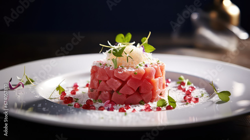 Commercial photography of raw tuna tartar with greens. Fresh tartar from the chef, elegantly decorated, close-up. Photo for restaurant menu. 