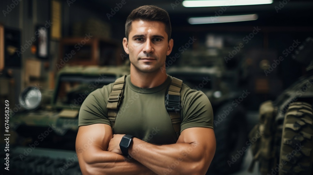Proud Defender: Soldier with Confidence at Army Base. Generative ai Proud Defender: Soldier with Confidence at Army Base. Generative ai