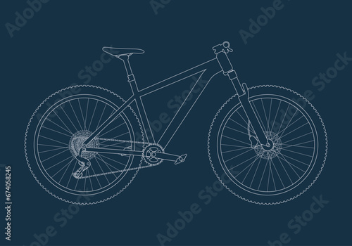 Mountain bike, cross country, mtb, downhill bicycle in outline sketch style in view side. Vector  illustration in line isolated on dark background.