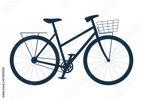 City, road bike with basket. Classic bicycle, eco-friendly transport with a front rack for carrying cargo. Vector illustration silhouette isolated on white background