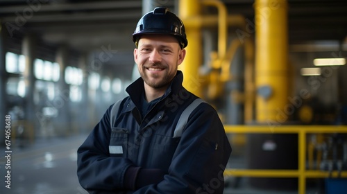 Industrial Assurance: Smiling Technician in Safety Gear at Oil Refinery. Generative ai