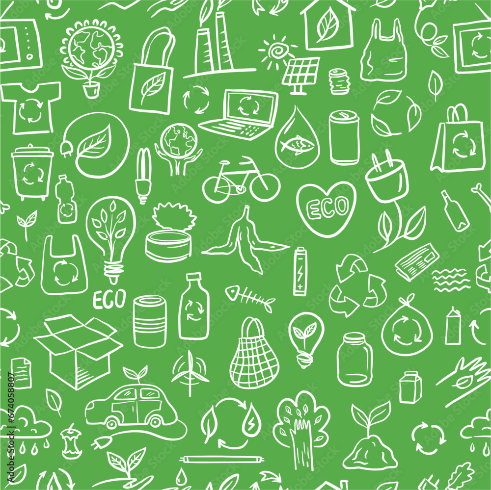 Vector seamless pattern of elements of environmental symbols drawn by hand in the style of a doodle Vector seamless pattern of elements of environmental symbols drawn by hand in the style of a doodle