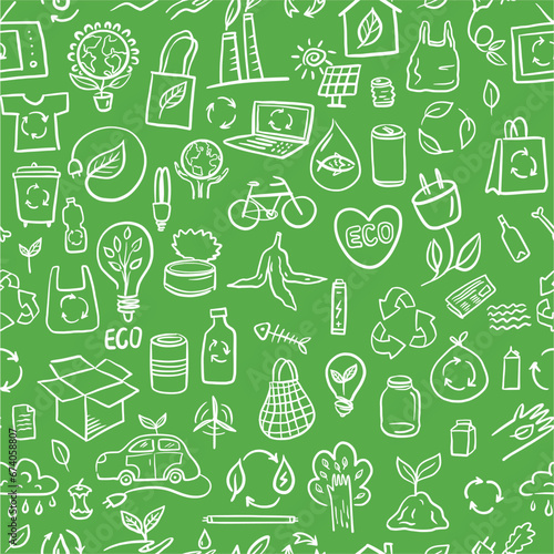 Vector seamless pattern of elements of environmental symbols drawn by hand in the style of a doodle