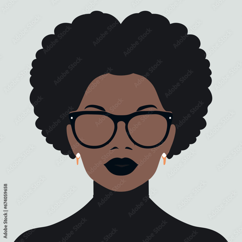 Femme Puissante, confiante, calme et indépendante. Un portrait d'une femme afro-américaine fictionnelle, lunettes Femme Puissante, confiante, calme et indépendante. Un portrait d'une femme afro-américaine fictionnelle, lunettes
