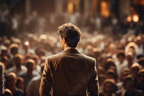 presentation at a business event in front of an audience of businessman