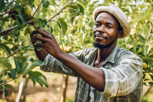 African farmer worker, man working in orchard fruit garden. Generative AI