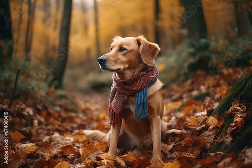 A dog wearing a hat and scarf sits in the fall forest. Generative AI © Xanthe