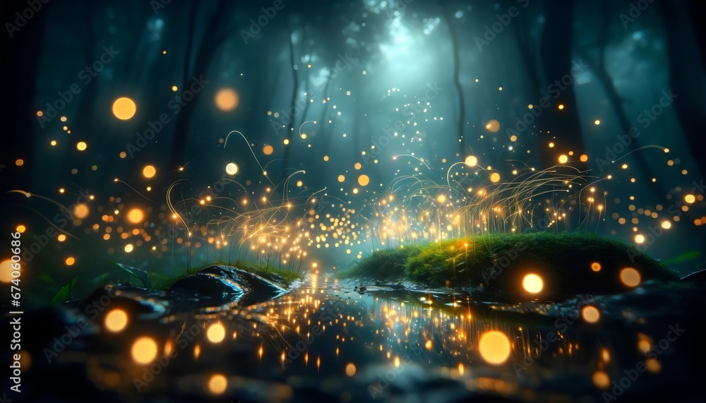 Mystical Forest Floor with Fireflies and Reflections on Water