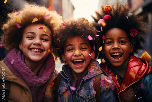 three happy children holding confetti, in the style of afrofuturism-inspired