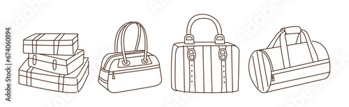 Luggage and Baggage with Line Drawn Bag Packed for Journey Vector Set