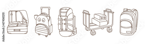 Luggage and Baggage with Line Drawn Bag Packed for Journey Vector Set