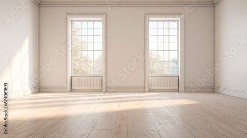 An empty room with white-painted walls and large windows awaits the perfect furniture and décor